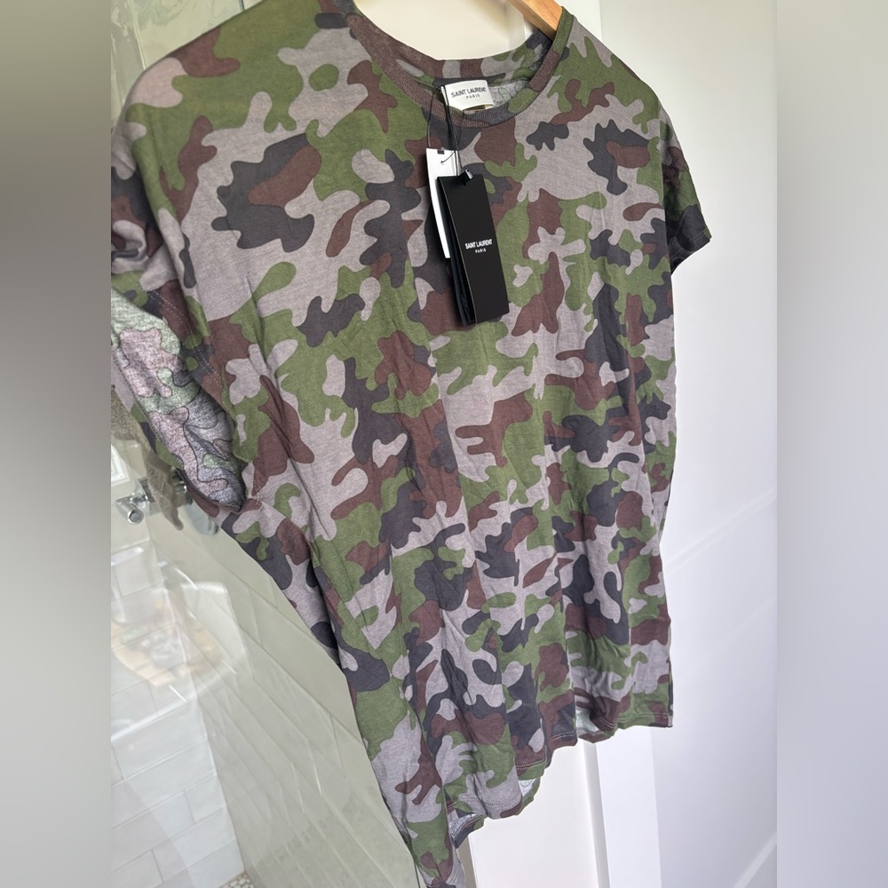 Saint Laurent Green and Brown Camouflage Tee